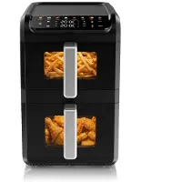 Arendo Heißluftfritteuse Doppelstock, 2 Garzonen 4 l + 6 l, 2700 W, XXL Airfryer mit Sichtfenster, Innenbeleuchtung, LED-Display, 8 Programme, Sync & Match, Timer, schwarz