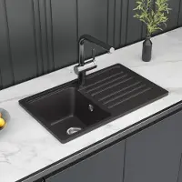 Markenlos Schwarze Granit-Küchenspüle 76x46 cm | Umkehrbare Spüle mit Überlauf, großes Einbaubecken für 50 cm Unterschränke, hitzebeständig und pflegeleicht