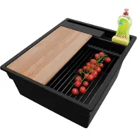 Markenlos Spülbecken Alles Schwarz - Oslo Pocket, 43x53cm | Granitspüle 1 Becken + Zuberhor-Set, Küchenspüle ab 45er Unterschrank (S113)