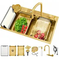 Markenlos Küchenspüle mit Wasserfallarmatur und kontrolliertem Abfluss in Gold 30IN/76CM