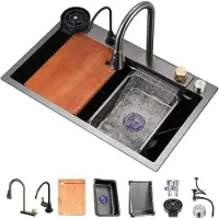 Markenlos Küchenspüle, Fliegender Regen Wasserfall Edelstahl Spüle, Drop In Workstation Einzelne Schüssel Spüle Mit Ausziehhahn, Druckbecher Waschmaschine (Color: Black-Grey, S: 72x45x21cm)