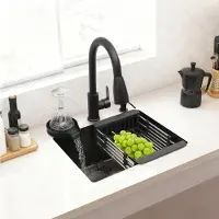 Markenlos Schwarzes Spülbecken 40x45 cm aus Edelstahl mit X-förmiger Ablaufrille, Einbauspüle, ausziehbarem Wasserhahn, Tassenspüler, Abtropfkorb und Seifenspender für Küchen und Restaurants