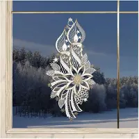 Markenlos Fensterbild für Weihnachten Lichterglanz aus Plauener Spitze in Weiß-Gold 37 x 19 cm