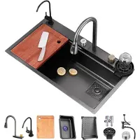 Markenlos Drop In Küchenspüle, Gunmetal Grau Edelstahl Wasserfall Spüle, Mit Pull Down Sprühkopf Wasserhahn Einzelne Schüssel Spüle, Mit Mehreren Zubehör (Color: Black-grey, S: 75x45x21cm)