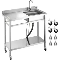 Markenlos Edelstahl Spültisch mit Wasserhahn und Rädern (1000 x 500 x 1055 mm), Einzelbecken für Küche, Garage, Restaurant und Wäscherei