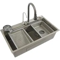 Markenlos Einbauspüle aus Edelstahl 80x45cm mit ausziehbarem Wasserhahn und Wasserfall – Küchenspülbecken mit Abtropfkorb, 2-in-1 Waschbecken, Nano-Beschichtung, Überlaufschutz (Grau)