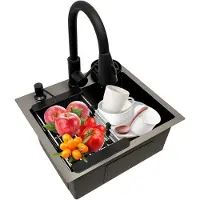 Markenlos Schwarze Spüle 45x40 cm, Multifunktionale Küchenspüle mit 360° Ausziehbarem Wasserhahn, X-förmiger Ablaufrinne, Tassenspüler, Abtropfkorb und Seifenspender, Edelstahl Einbauspüle Komplettset