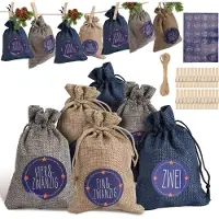 Peviasot Adventskalender Säckchen 24 Stück, robuste Geschenkbeutel aus Stoff mit Kordelzug, Zahlen 1–24 und Aufhängung
