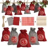 Peviasot Adventskalender Säckchen 24 Stück mit Zahlenaufklebern, wiederverwendbare Stoffbeutel zum Befüllen und Aufhängen