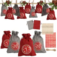 Peviasot Adventskalender Beutel 24 Stück aus Stoff in Leinenoptik, wiederverwendbar mit Kordelzug und Zahlenstickern 1–24
