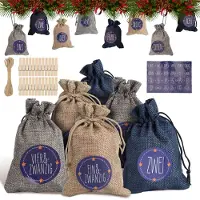 Peviasot Adventskalender Säckchen 24 Stück aus Leinenoptik mit Kordelzug, Zahlen 1–24 und Wandaufhängung für Weihnachten