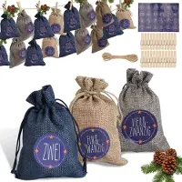 Peviasot Adventskalender Beutel 24 Stück mit Nummernstickern, befüllbare Stoffbeutel für DIY Weihnachtsdeko und Geschenke Blau Weiß Grau