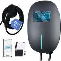 Puluomis Wallbox Ladestation 7kW Ladekabel 7m Typ 2 mit Halter, EV Ladegerät 1-phasig 6-32A einstellbar, IP65 mit Wlan & Bluetooth 24h Timer Grau