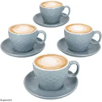 MamboCat 4er Set Hexa Kaffeetassen mit Untertassen Blau Keramik Relief 4 Personen