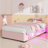 OKWISH Polsterbett aus Samt in Rosa, 90x200 cm, mit LED-Seitenregal, Gewerblich geeignet, Stauraum und flexible Kopfstützen