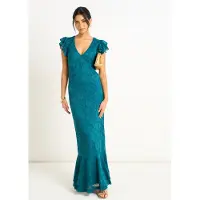 Gini London Grünes Jersey-Spitzen-Maxikleid mit V-Ausschnitt und Rüschen