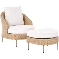 Beliani Gartensessel Beige Rattan mit Fußhocker Armlehnen Auflagen Metallbeien Boho Design Outdoor Rattansessel Loungesessel Sitzmöbel