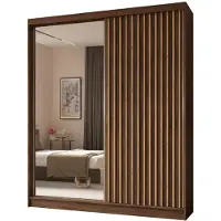 MargaretHadas24 200 cm Kleiderschrank Erika mit Lamellen und Spiegel Schwebetürenschrank Kleiderstange Garderobe (Farbe: Nuss Warmia, artisan)