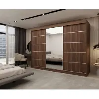 Masseno Schiebetürenschrank MIRELLA 240/216/61 cm Modern Kleiderschrank 3-türig mit Spiegel Nussbaumfarben