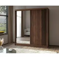 Masseno Schiebetürenschrank NELVIA 200/216/61 cm Modern Kleiderschrank 2-türig mit Spiegel Nussbaumfarben