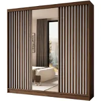 MargaretHadas24 240 cm Kleiderschrank Erika mit Lamellen und Spiegel Schwebetürenschrank Kleiderstange Garderobe (Farbe: Nuss Warmia, weiß)