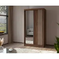 Masseno Schiebetürenschrank NELVIA 120/216/61 cm Modern Kleiderschrank 2-türig mit Spiegel Nussbaumfarben