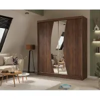 Masseno Schiebetürenschrank VOCE 200/216/61 cm Modern Kleiderschrank 2-türig mit Spiegel Nussbaumfarben