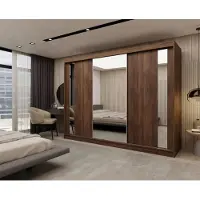 Masseno Schiebetürenschrank GRAZIA 240/216/61 cm Modern Kleiderschrank 3-türig mit Spiegel Nussbaumfarben