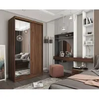 Masseno Schiebetürenschrank PATRIZIA 120/216/61 cm Modern Kleiderschrank 2-türig mit Spiegel Nussbaumfarben