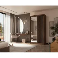 Masseno Schiebetürenschrank LAMELLO 120/216/61 cm Modern Kleiderschrank 2-türig mit Spiegel Nussbaumfarben