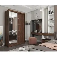 Masseno Schiebetürenschrank MIRELLA 120/216/61 cm Modern Kleiderschrank 2-türig mit Spiegel Nussbaumfarben