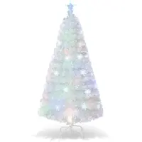 KOMFOTTEU Künstlicher Weihnachtsbaum mit Bunte Beleuchtung, Tannenbaum Christbaum Weiß mit Schneeflocken/LED Sternspitze, Christmas Tree faltbar für Zuhause Büro Geschäfte (120 cm)