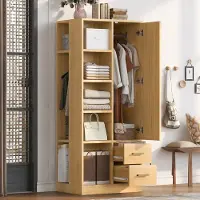 MODFU Kleiderschrank mit 1 Tür, Garderobenschrank 70×50×170 cm, Kompakt Aufbewahrungsschrank mit 2 Kleiderstangen, Einlegeböden und Schubladen,Natur