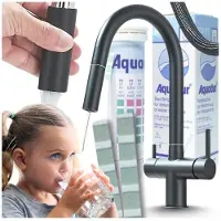ARI Slender 3-Wege Küchenarmatur Schwarz Matt Mit Ausziehbrause, Filterwasser-Auslauf, 360° Drehbar, Messingkörper, 2 Hebel