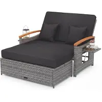 KOMFOTTEU Sonnenliege Rattan, Gartenliege mit Ottomane, Doppelliege mit verstellbarer Rückenlehne & klappbarem Seitenablage, Gartensofa mit Liegefunktion, Sonneninsel mit Stauraum, Balkonmöbel