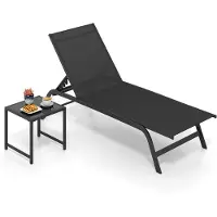 Costway Sonnenliege mit Rollen & Tisch, Gartenliege bis 150kg, Liegestuhl Rollliege mit 6-fach verstellbarer Rückenlehne & schnelltrocknendem Stoff