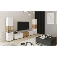 MINIO go for it MINIO Wohnwand BRELA III, 3-teilig, TV Board mit Vitrine und Schrank - Weiß / Wotan Eiche / Weiß Hochglanz