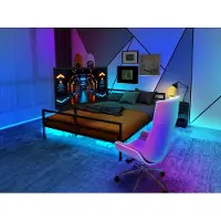 Sweiko Schwarzes Gaming-Bett mit verstellbarer Halterung, LED-Beleuchtung und Unterbett-Aufbewahrungskörben. Großes Metallbett mit einer Länge von 206 cm.