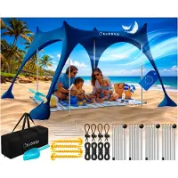 ELONEO Strandzelt, Sonnensegel Strand 228x214x200 cm, LSF 50+, Sonnenschutz für Strand mit Sandschaufel, Heringen und 4 Stabilitätsstangen, 4 Personen, Navy