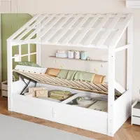 MODFU Kinderbett 90×200 mit Matratze,Hausbett mit hydraulischem Stauraum und Ablagefächern, Jugendbett Bettgestell mit Liegefläche, Weiß