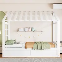 OKWISH Jugendbett 90×200 mit Bettkasten und Seitliche Ablagefächer, Einzelbett mit Baldachin, Hausbett in Weiß,ohne Matratze