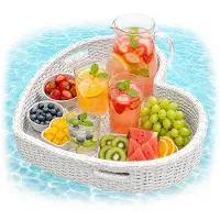 Relaxdays Schwimmendes Tablett Herz, Pooltablett für Getränke & Snacks, HBT: ca. 20x60x60 cm, Rattan, unsinkbar, weiß