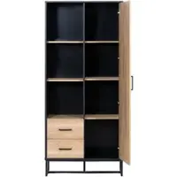 MODFU Highboard Schrank MDF in Holzoptik und Schwarz 80x40x180 cm mit 2 Schubladen, 1 Tür und offenen Fächern