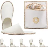 Relaxdays Gästehausschuhe 6 Paar, Hausschuhe "Blume" mit Tasche, Größen 36-45, Filzpantoffeln, Antirutsch-Sohle, beige
