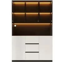 MODFU Vitrine MDF Schwarz 120x40x200 cm mit gehärtetem Glas, LED-Beleuchtung, 3 Schubladen und 2 Türen