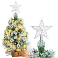 Jayseuw 40cm Mini Weihnachtsbaum mit 30 warmweiß LEDs, 8 Licht Modi, mit roter Deko, mit Stern-Baumspitze, Batterie betrieben, für Weihnachten, Silber