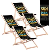 Greenblue 4x Klassischer Liegestuhl aus Buchenholz GB183 mit dem Aufdruck „Summer Vibes“