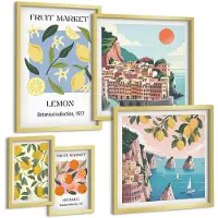 Tulup BILDER SET 5er Set - 50x50 cm & 20x30 cm & 40x60 cm Goldrahmen - Italienische Zitronenurlaube Capri