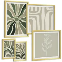 Tulup BILDER SET 5er Set - 50x50 cm & 20x30 cm & 40x60 cm Goldrahmen - Pflanzenmuster grüner Minimalismus