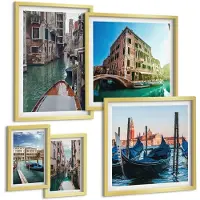 Tulup BILDER SET 5er Set - 50x50 cm & 20x30 cm & 40x60 cm Goldrahmen - Küchenutensilienmuster Blätter